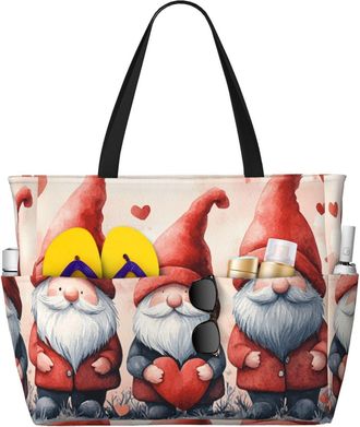 Generic Valentines Gnomes Print Large Beach Bag Foldable Travel Shoulder Tote Bag With Pocket For Weekender Pool Vacation