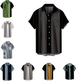 Generic Vintage Shirts for Men Casual Button Down Bowling Shirts 50s Rockabilly Style Short Sleeve Regular Fit Hawaiian Shirts, A Black, 3XL