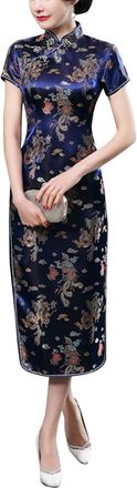 Generic Vintage Short Sleeve Maxi Cheongsam Print High Slit Side Traditional Chinese New Year Party Bodycon Costume, Dragon Navy, M