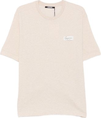 Jacquemus Crew Neck T-Shirt in Light Beige with Rectangular Logo Patch