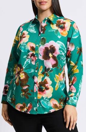 Foxcroft Zoey Watercolor Non-Iron Cotton Button-Up Shirt in Green Multi at Nordstrom Rack, Size 14W