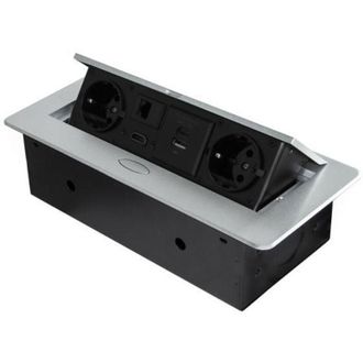 Emuca Multiconector Atom 26, 225x111mm, 2 Enchufes Tipo Schuko, 1 Usb Tipo A, 1usb Tipo C, 1 Rj45, 1 Hdmi, Zamak-acero-pl&aacute;stico, Gris Metalizado - Emuca