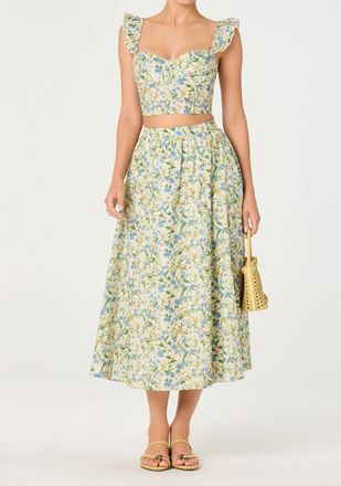 Astr Wylda Floral Gathered A-Line Midi Skirt In Blue Green Multi