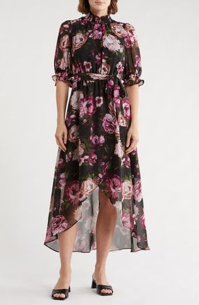 Eliza J Floral Smocked Mock Neck High-Low Dress in Black Multi at Nordstrom Rack, Size 18 (Similar To 14W)