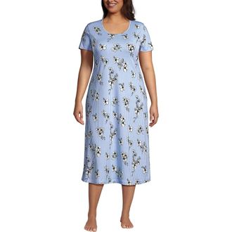 Lands End Cotton Short Sleeve Midcalf Nightgown in Ivory/light Sea Blue Floral at Nordstrom, Size 3X