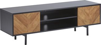 Beliani Mueble Tv De Madera Clara Aglomerado Negro 2 Puertas Hasta 60 Patas De Metal Almacenaje Industrial Salina