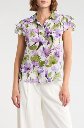 Alice & Olivia Ziggy Ruffle Cap Sleeve Top in Floral Palm Cream at Nordstrom Rack, Size X-Small