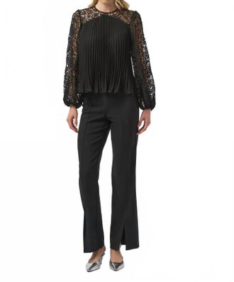 Joseph Ribkoff Pleated Crew Neck Long Lace Puff Sleeves Top In Black