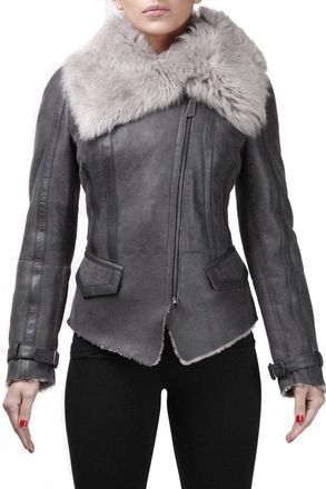 Infinity Womens Grey Short Real Toscana Shearling Sheepskin Wool Flying Jacket S