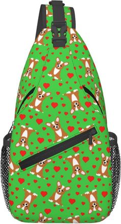 Generic Cute Cartoon Corgi Red Hearts Green Chest Bag Adjustable Shoulder Bag With Zipper Backpack For Outdoors Women Camping