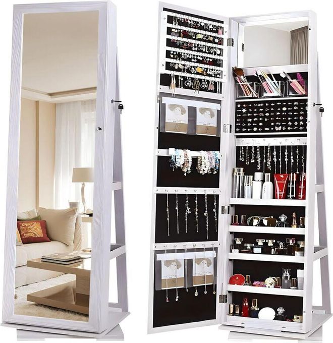 HOMCOM Armoire à Bijoux LED Avec Miroir - Rangement Organisé Éclairage Tactile - Blanc Verrouillable