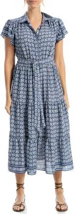 Max Studio Floral Tie Front Shirtdress in Multi Blue Floral at Nordstrom Rack, Size X-Small