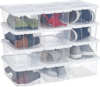 Relaxdays 12 Cajas Pl&aacute;stico Para Zapatos, Apilables, Organizadores Calzado, Con Tapa, 12,5x20x34,5cm, Blanco - Relaxdays