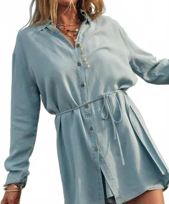Promesa Denim Belted Button-Up Shirt Romper In Light Chambray