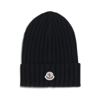 Moncler Geribbelde Wollen Beanie Hoed - Dames - Hoeden - Zwart - ONE Size - Wol - Accessoires
