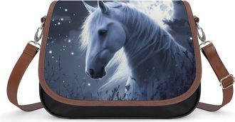 Generic White Cute Horse And Moon Crossbody Bag Womens Handbag PU Message Bags Shoulder Purse with Adjustable Strap