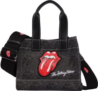 THE ROLLING STONES Black Denim Mini Tote Bag - Tongue Logo Patch, All-Over Print & Adjustable Crossbody Strap