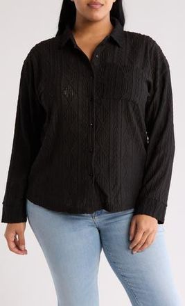 Forgotten Grace Crochet Long Sleeve Button Front Blouse in Black at Nordstrom Rack, Size 3X