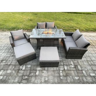 Fimous 7 Seater Rattan Garden Furniture Set Outdoor Lounge Sofa Chair Gas Fire Pit Dining Table Set With 2 Big Footstool Double Seat Sofa Armchiar - Fimous