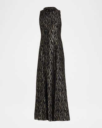 Shoshanna Flora Metallic Mock-Neck Maxi Dress