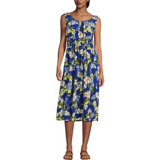 Lands End Sleeveless Poplin Smocked Midi Dress in Paradise Blue Tossed Floral at Nordstrom, Size X-Small P