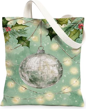 Generic Christmas Green Canvas Tote, Holiday Ornament Print Reusable Grocery Bags, Vintage Lightweight Washable Canvas Bags for Out, Green, 13x15 Inch