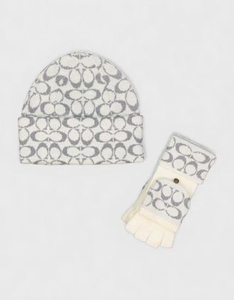 Coach Womens Coach Metallic Signature Beanie and Gloves Gift Set Chalk