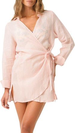 PQ Swim Lily Long Sleeve Linen Cover-Up Wrap Dress in Pitaya at Nordstrom, Size X-Small