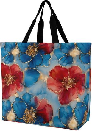 Generic Alcohol Ink Flowers Marble Reusable Shopping Bags Large Capacity Grocery Bag Heavy Duty Tote for Women 40x40x16cm