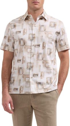 Bugatchi Vero Shaped Fit Abstract Print Short Sleeve Stretch Cotton Button-Up Shirt in Desert at Nordstrom, Size Xx-Large