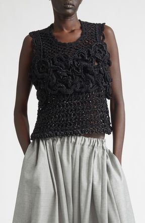 Comme Des Gar&ccedil;ons Crop Crochet Flower Mesh Tank in Black at Nordstrom, Size Medium