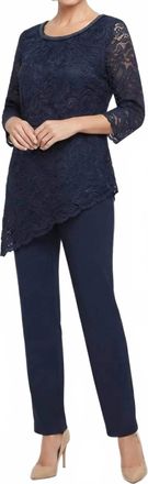 Maya Brooke Lace Asymmetrical Tunic Pant Set In Navy