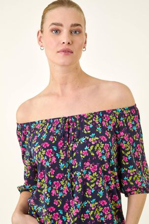 Roman Floral Print Stretch Bardot Top