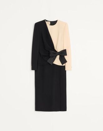 Valentino Abito Midi In Wool Crepe Donna NERO/BETULLA 40