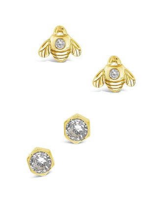 Sterling Forever 14K Over Silver Cz Set Of 2 Bee Studs