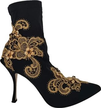 Dolce & Gabbana Black Gold Embroidery Crystal Boots Womens Shoes