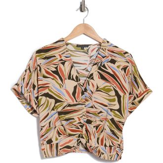 Adrianna Papell Printed Short Sleeve Crop Top in Water Color Leaf at Nordstrom Rack, Size X-Small