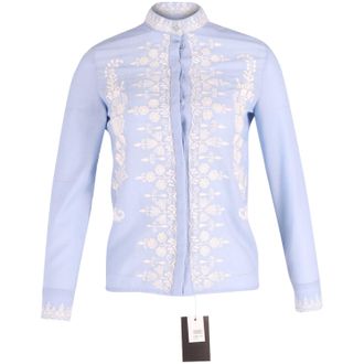 VILSHENKO Embroidered Mock Neck Shirt in Blue Cotton Wool