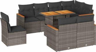 vidaXL 9 Piece Garden Sofa Set with Cushions Grey Poly Rattan Acacia vidaXL