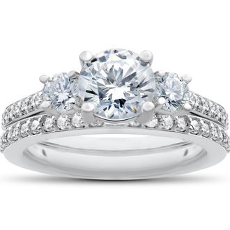 Pompeii3 1 1/4 Ct 3-Stone Lab Created Diamond Engagement Ring Wedding Band 14k White Gold