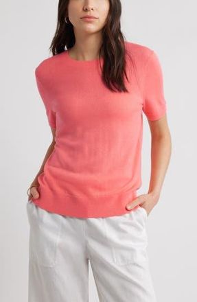 Caslon Short Sleeve Merino Wool Blend Crewneck Sweater in Coral Sugar at Nordstrom Rack, Size X-Large