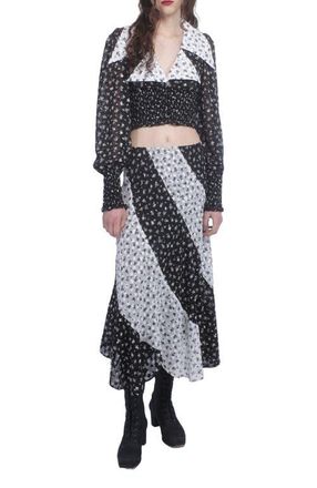 Anna Sui Ditsy Dot Chiffon Contrast Flowy Skirt in Black/white Multi at Nordstrom, Size Medium