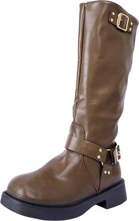 Generic Womens Knee High Boots Slouchy Motorcycle Riding Boots with Buckle Ladies Chunky Block Low Heel Round Toe Wide Mid Calf Booties Pull on Side Zipper Ca