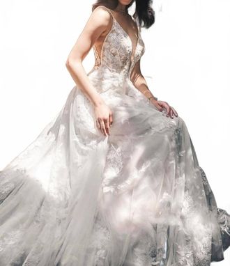 Madison James Deep Plunging A-Line Wedding Gown In Nude/ivory/champagne