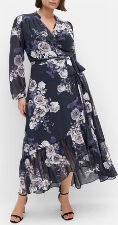 City Chic Jane Floral Print Long Sleeve Faux Wrap Maxi Dress in Navy Rosebud at Nordstrom, Size 20W