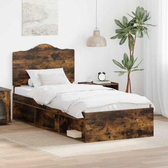 vidaXL Bed Frame with Headboard Smoked Oak 90 x 200 cm Solid Pine Wood vidaXL