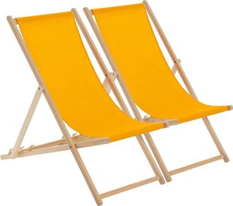 Harbour Housewares 2x Traditional Wooden Deck Chairs - Folding Garden Beach Lounge Chair in Orange