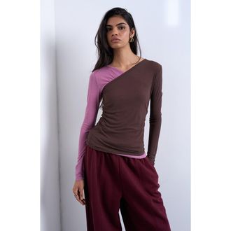 Topshop Colorblock Rib Top in Pink And Chocolate at Nordstrom, Size X-Small