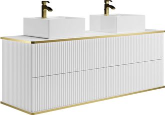 Vente-Unique Mueble de baño suspendido estriado con ribete dorado y dos lavabos cuadrado - Blanco - 150 cm - KELIZA