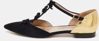 Oscar De La Renta Oscar De La Renta Black/gold Suede And Leather Bow Accents Flats